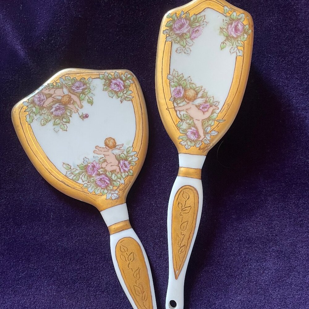 Vanity Mirror and Brush Set Handpainted Signed Gold Rimmed Cherub Design